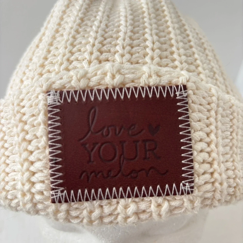 Love Your Melon Beanie Knit Hat Ivory Large Leather Logo NWOT